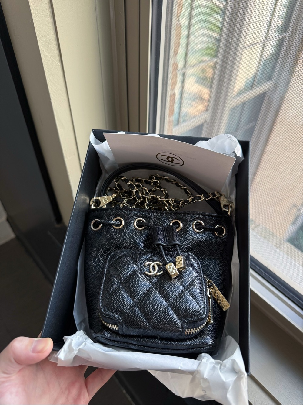 Chanel Beauty Black Two-Way Mini Drawstring Bucket Chain Strap Bag GWP